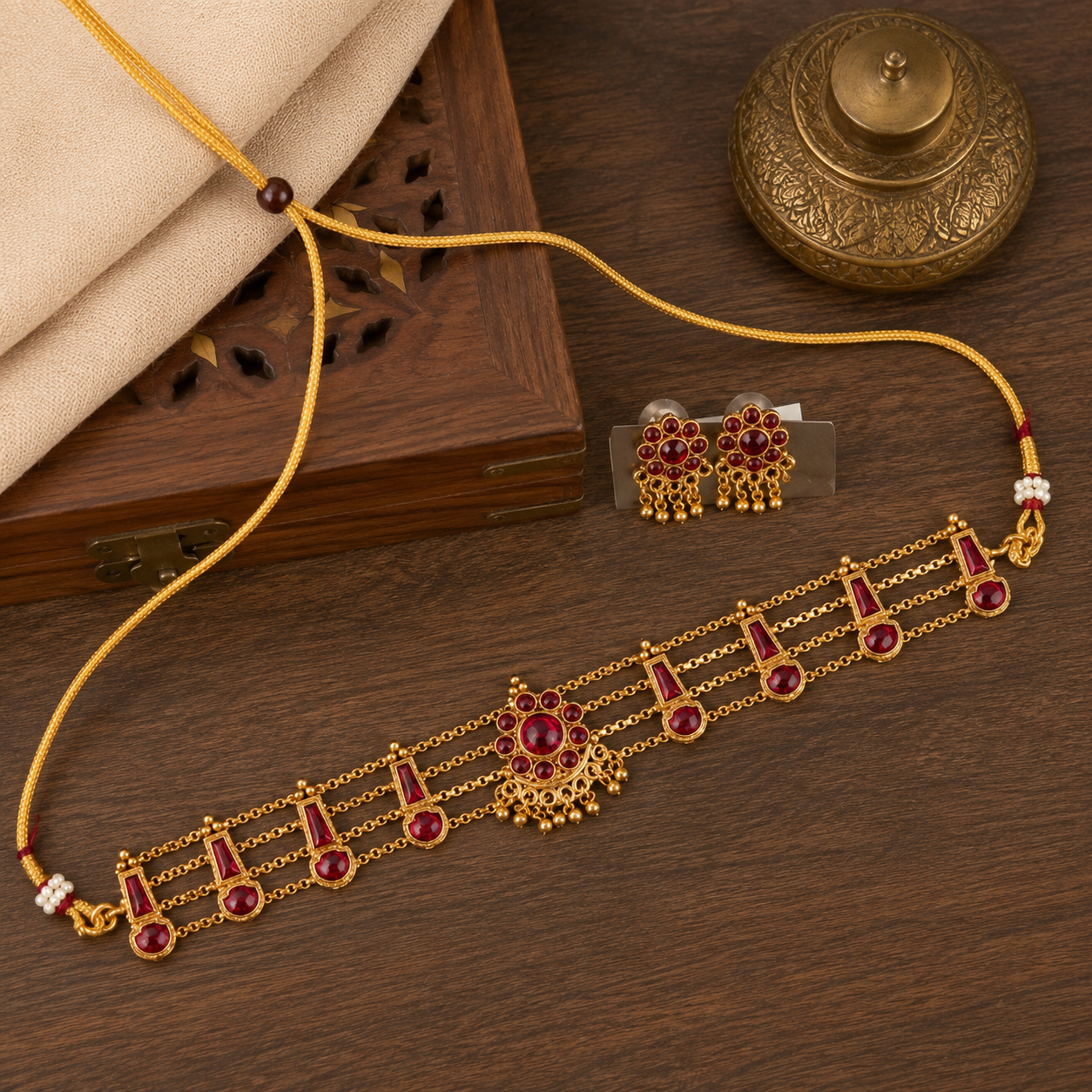 Gold-toned necklace and matching earrings set with red gemstone accents, arranged on a dark wooden surface with a folded cream fabric and brass decorative vessel in the background.