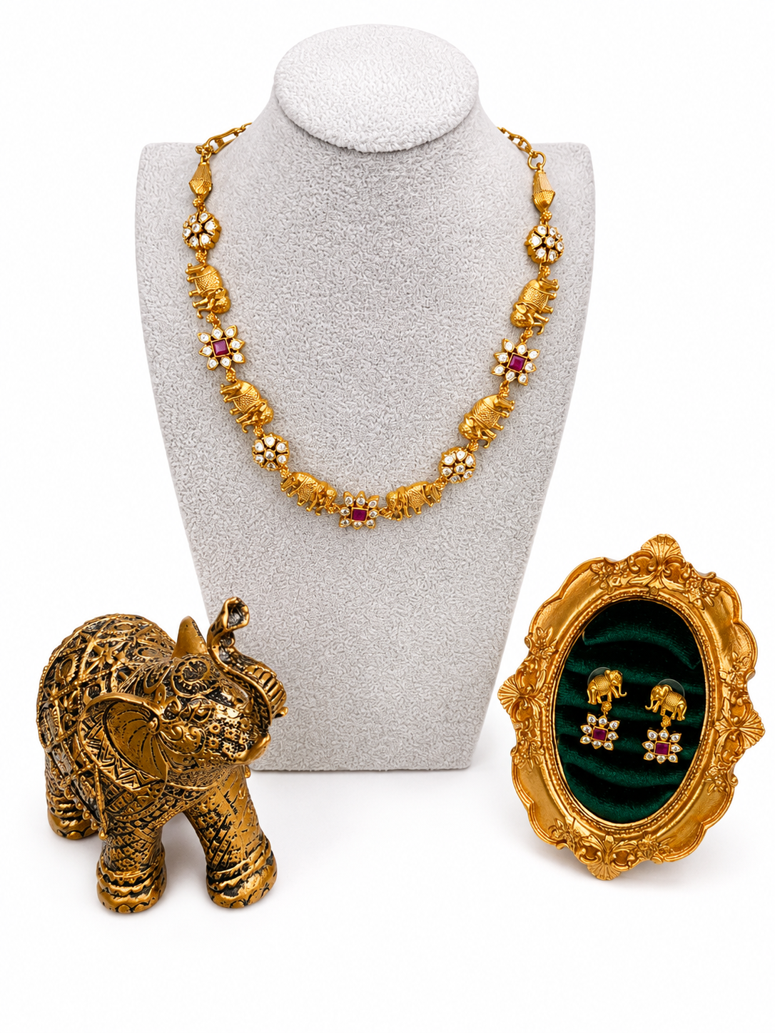 Royal Elephant Floral Temple Necklace Set | Emerald Green Indian Imitation Jewellery
