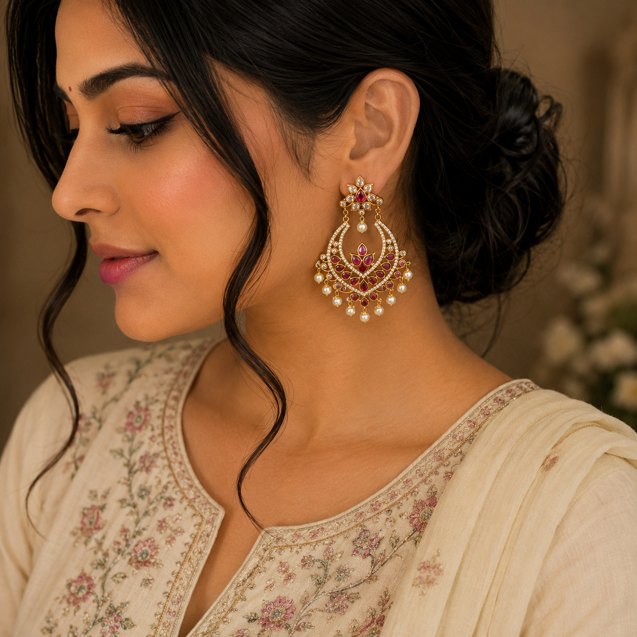 A woman in profile wearing a large ornate gold-toned jhumka earring with red stones and white pearl-like accents, paired with a cream embroidered top.