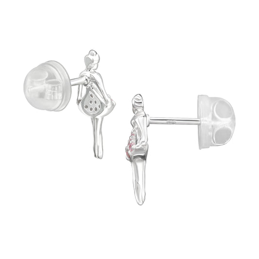 Kids ballerina ear studs in 925 sterling silver featuring delicate ballet dancer designs, perfect for young children.