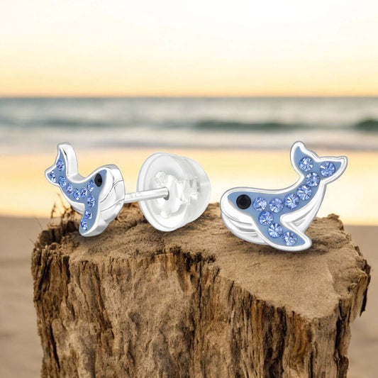 Kids whale ear studs made of 925 sterling silver featuring adorable whale designs, perfect for children's earrings.