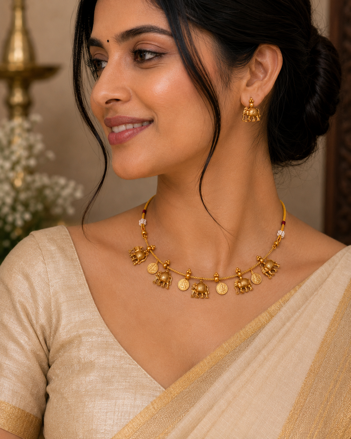 A woman wearing a gold-toned traditional necklace with dangling coin charms and matching earrings, paired with a light beige sari blouse, shown in a softly lit indoor setting.