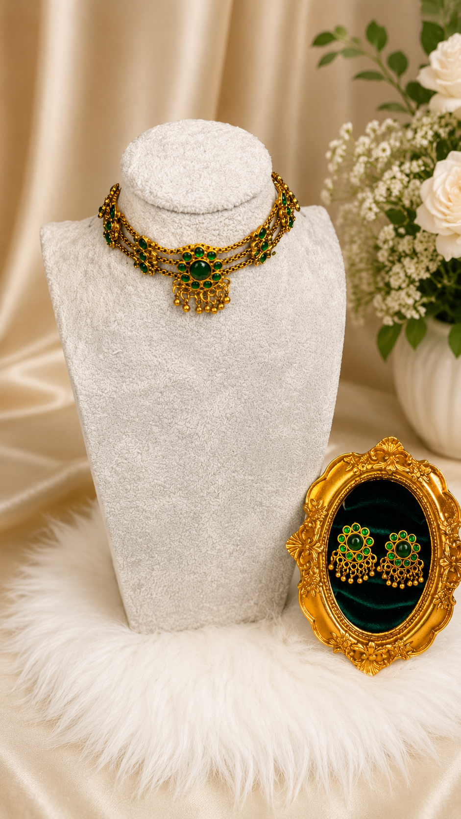 Gold-tone floral stone traditional necklace and earrings set by Belumiee with intricate floral designs and matching jewelry pieces.