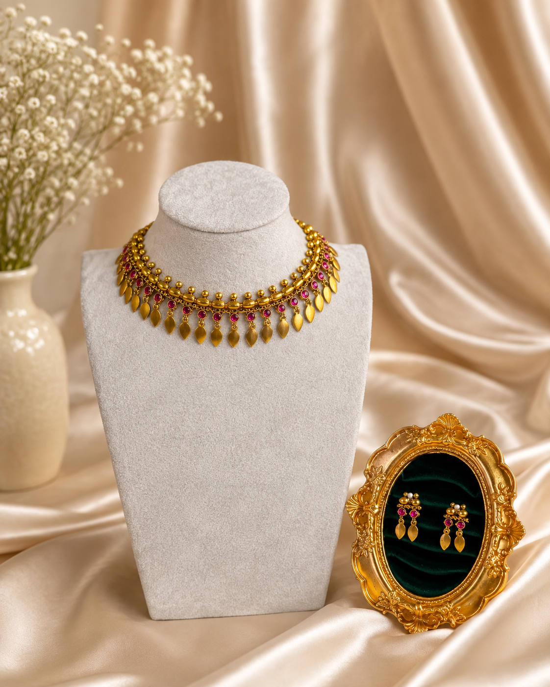 Gold-tone traditional necklace set with pink stone leaf drop earrings, featuring intricate design and elegant craftsmanship.