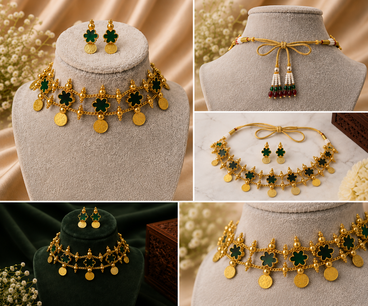 Belumiee Kerala Clover Coin Choker Set featuring intricate coin details and traditional jewelry design on a black background.