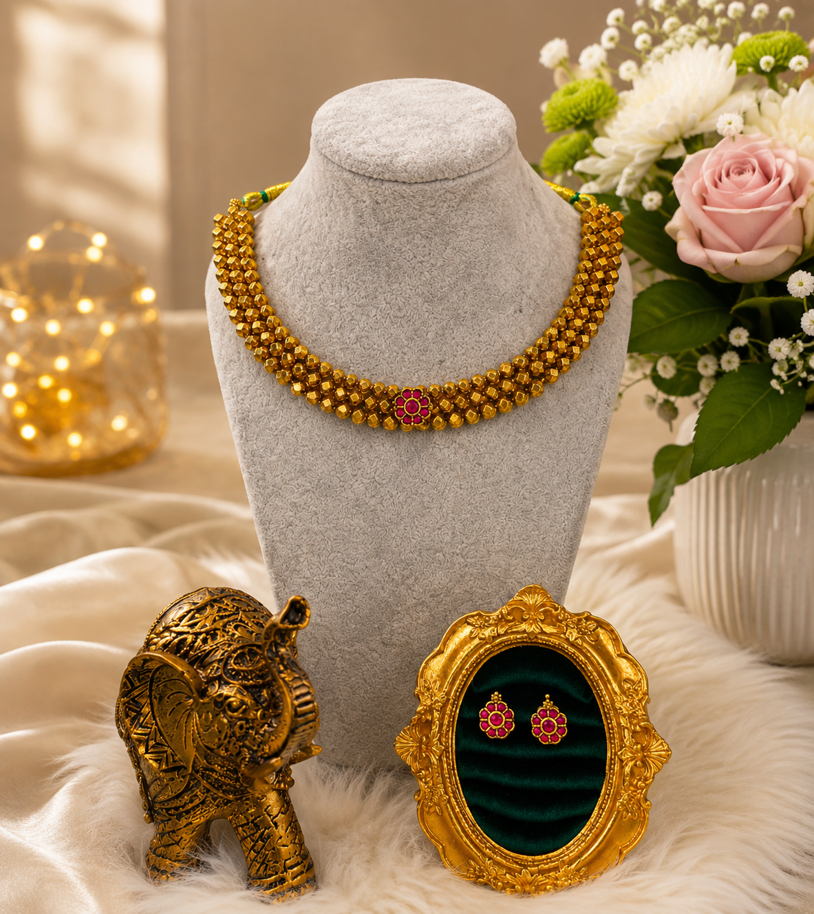Traditional Kemp stone beaded necklace set with matching earrings, crafted by Belumiee, showcasing intricate beadwork and vibrant colors.