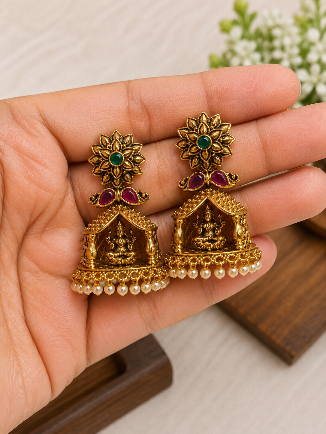 Lakshmi Temple Pearl Jhumka Earrings