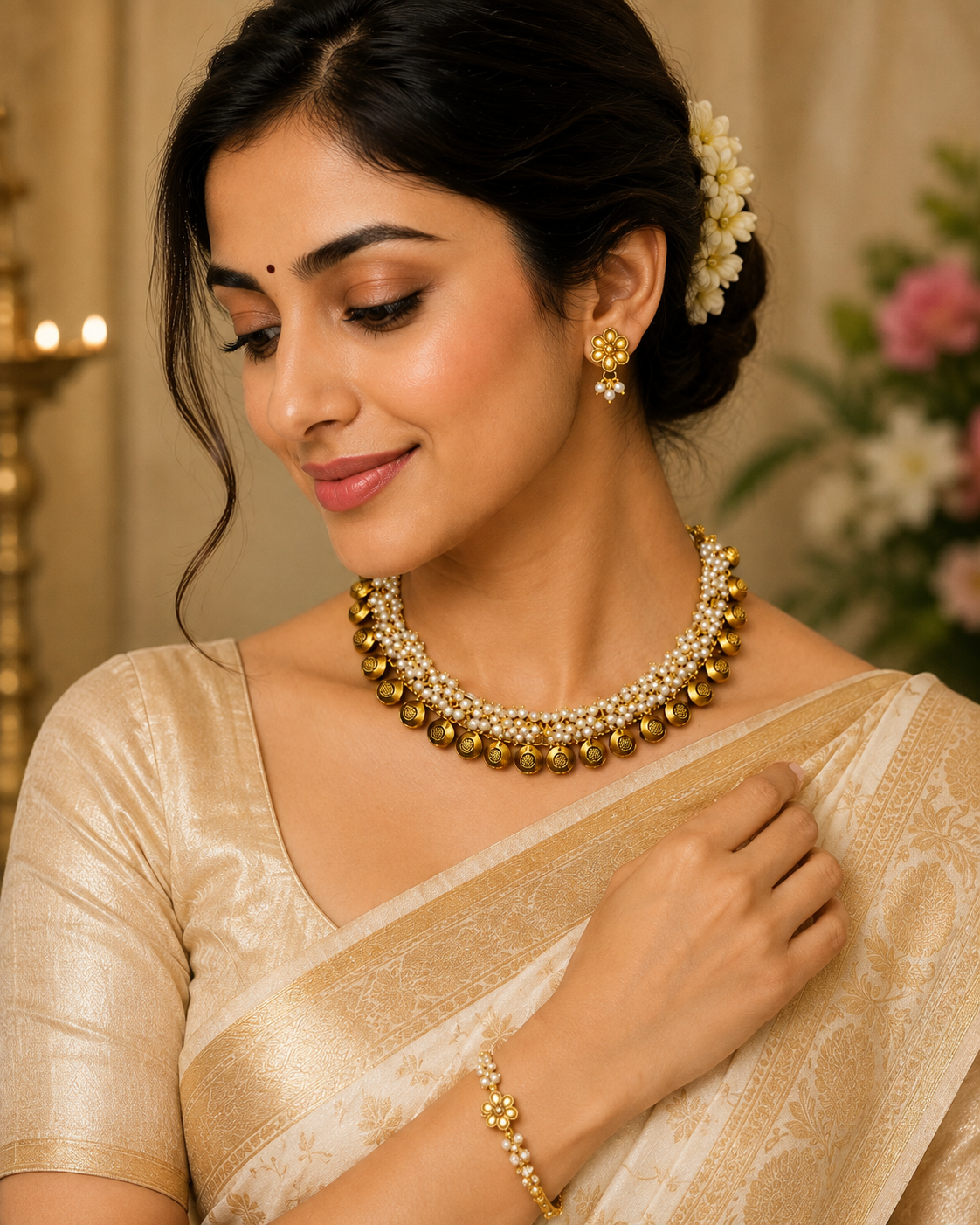 Traditional Muthu Kasu Mala necklace set by Belumiee featuring intricate silver and pearl detailing on a elegant jewelry design.