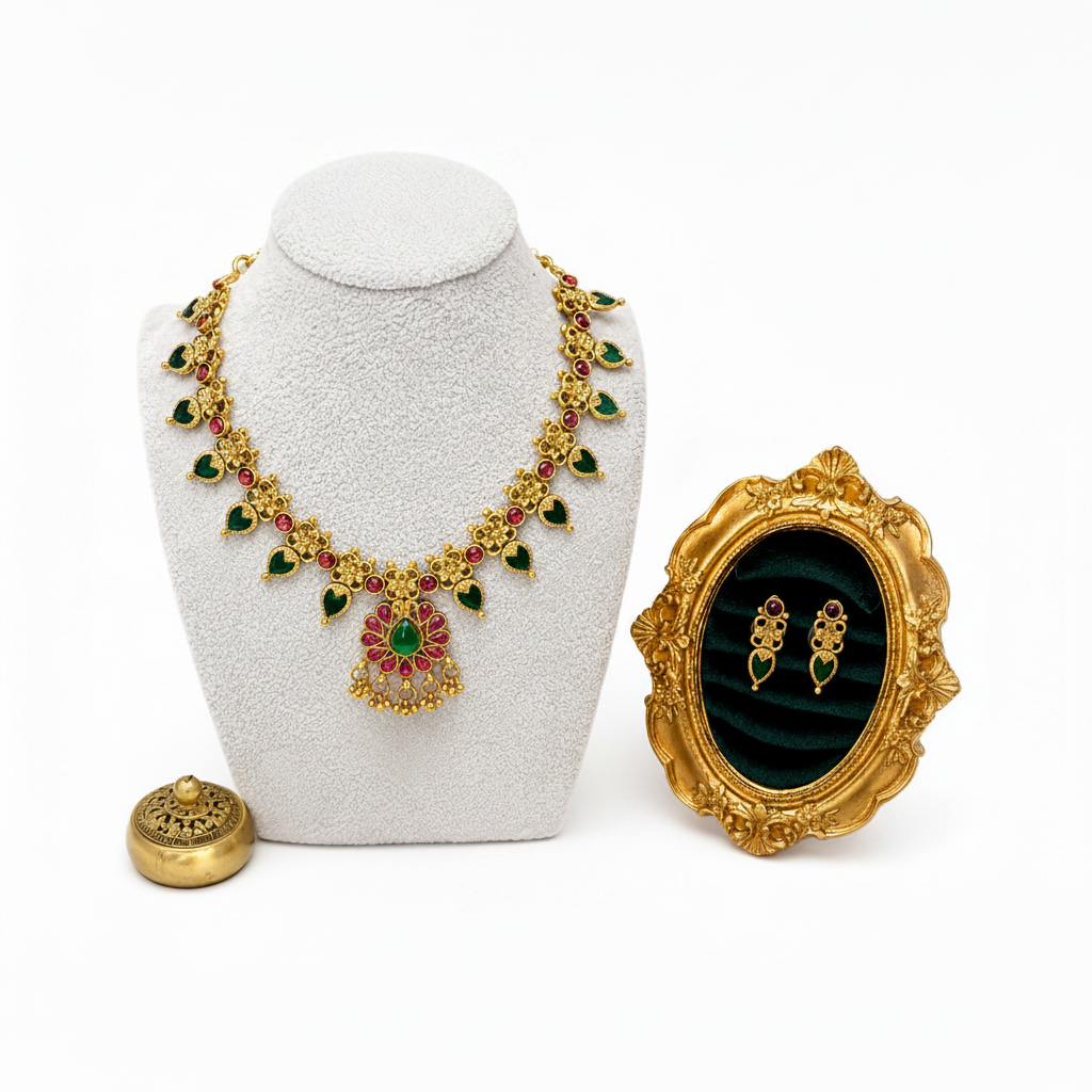 Traditional Kerala Palakka temple necklace set by Belumiee featuring intricate South Indian imitation jewelry design.
