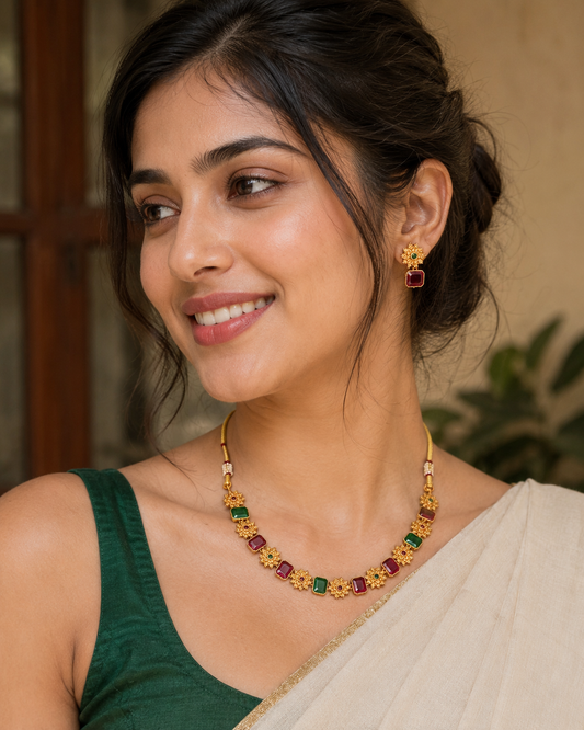 Traditional Royal Navaratna Bloom Necklace Set from Belumiee, featuring intricate Indian imitation jewelry with colorful gemstones.