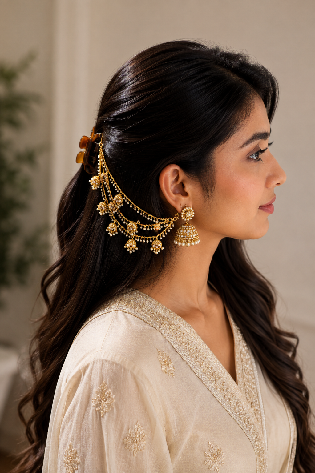 Elegant Royal Pearl Jhumka Ear Chain by Belumiee, featuring intricate pearl design and traditional jewelry craftsmanship.
