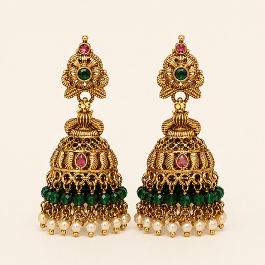 Emerald green antique gold beaded jhumka earrings with pearl drops