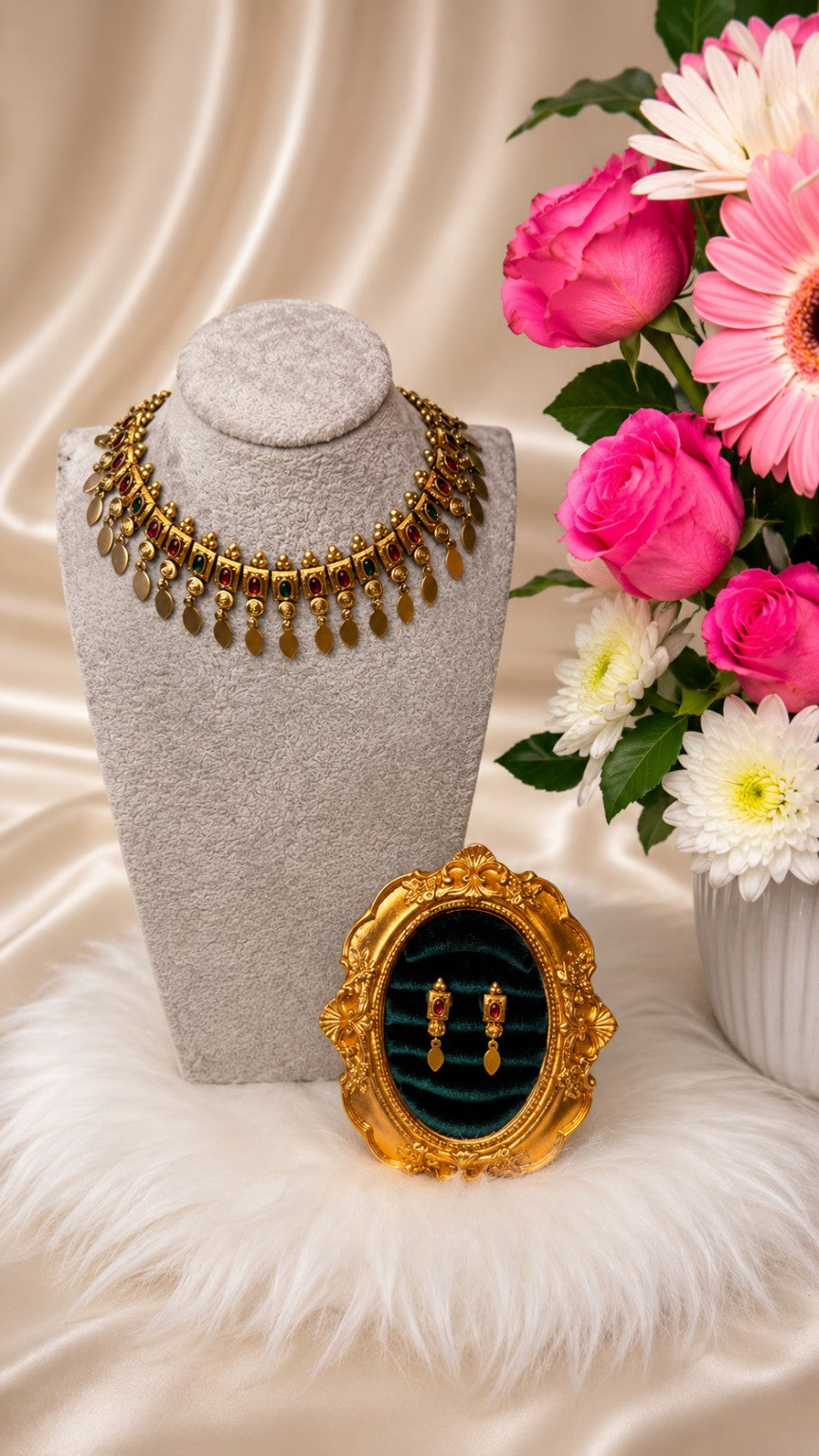 Antique gold coin drop necklace set with ruby and green accents, traditional jewelry by Belumiee.