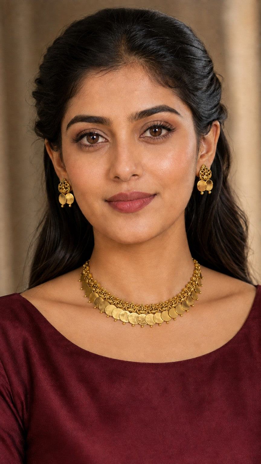 Antique Lakshmi Kasu coin necklace set by Belumiee featuring traditional gold-toned jewelry with intricate coin designs.