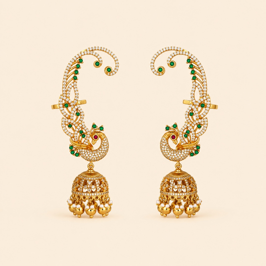 Emerald green peacock ear cuff jhumka earrings with crystal stones and pearl drops