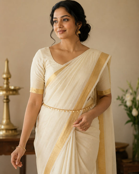 Model wearing a polished flower charm gold-tone hip chain with a Kerala saree