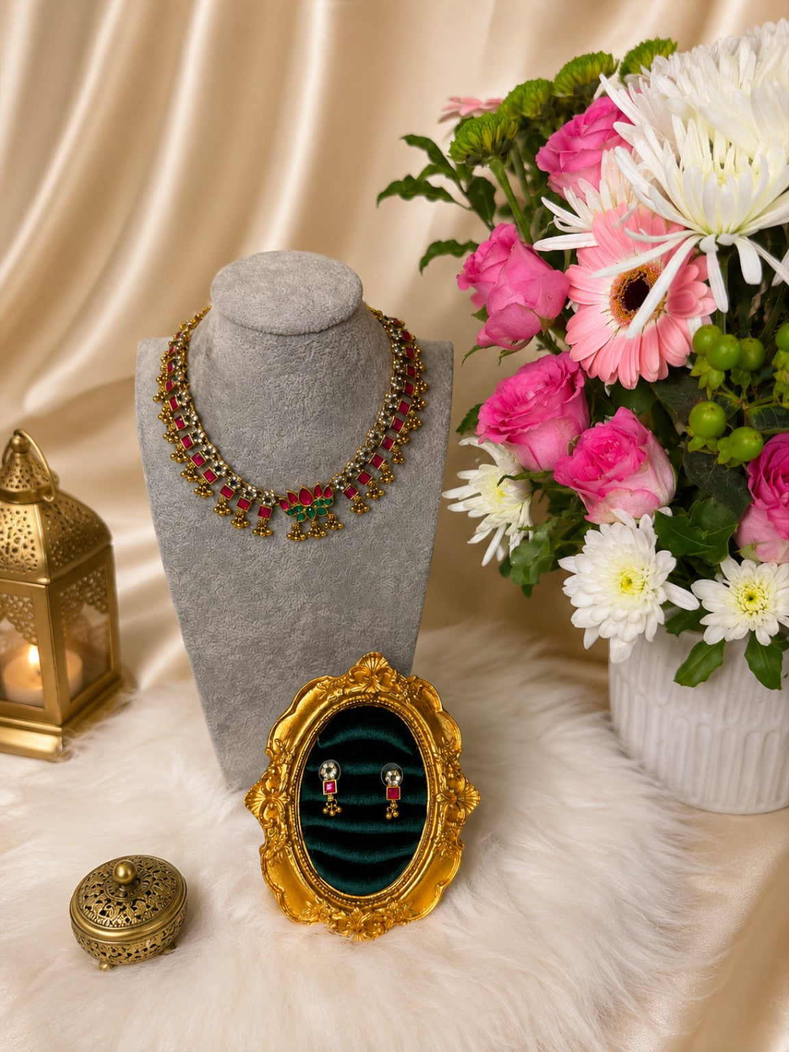 Traditional Ruby and Green Statement Necklace Set by Belumiee, featuring intricate design with red and green gemstones.