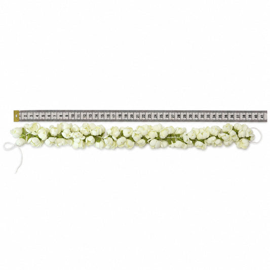 Single-layer artificial jasmine hair garland beside a ruler showing its approximate 40 cm length