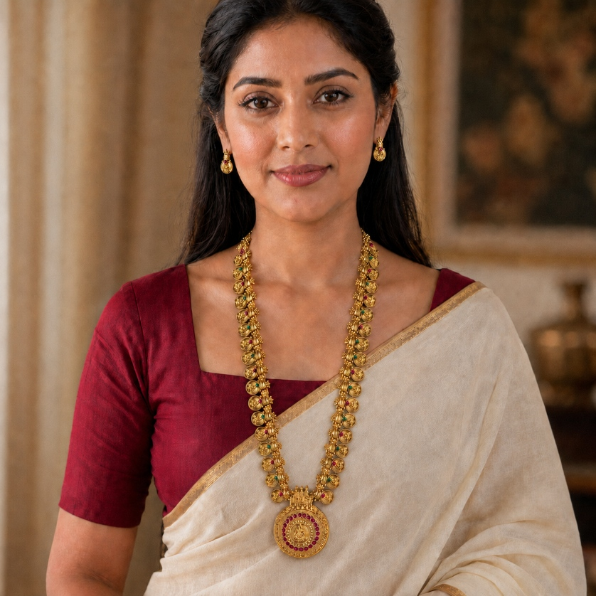 Antique gold temple coin long necklace and earrings set by Belumiee, featuring traditional design with intricate detailing.