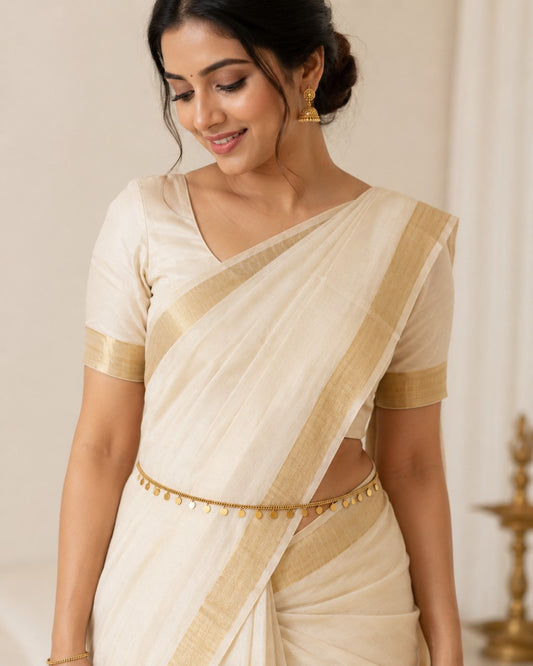 Model wearing gold-tone round disc charm hip chain with Kerala saree
