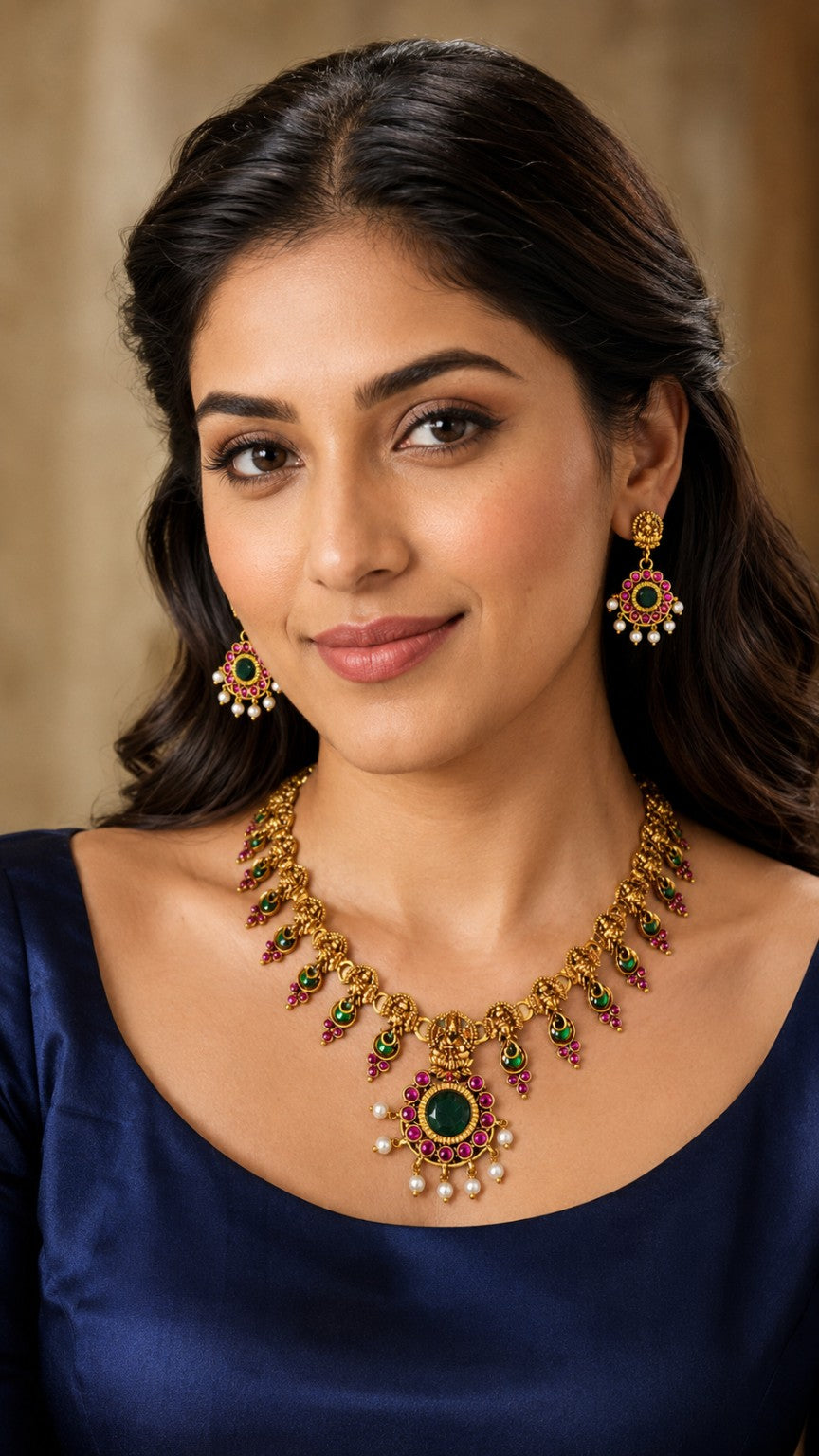 Traditional Lakshmi Peacock green and ruby temple necklace set by Belumiee, featuring intricate design with green stones and ruby accents.