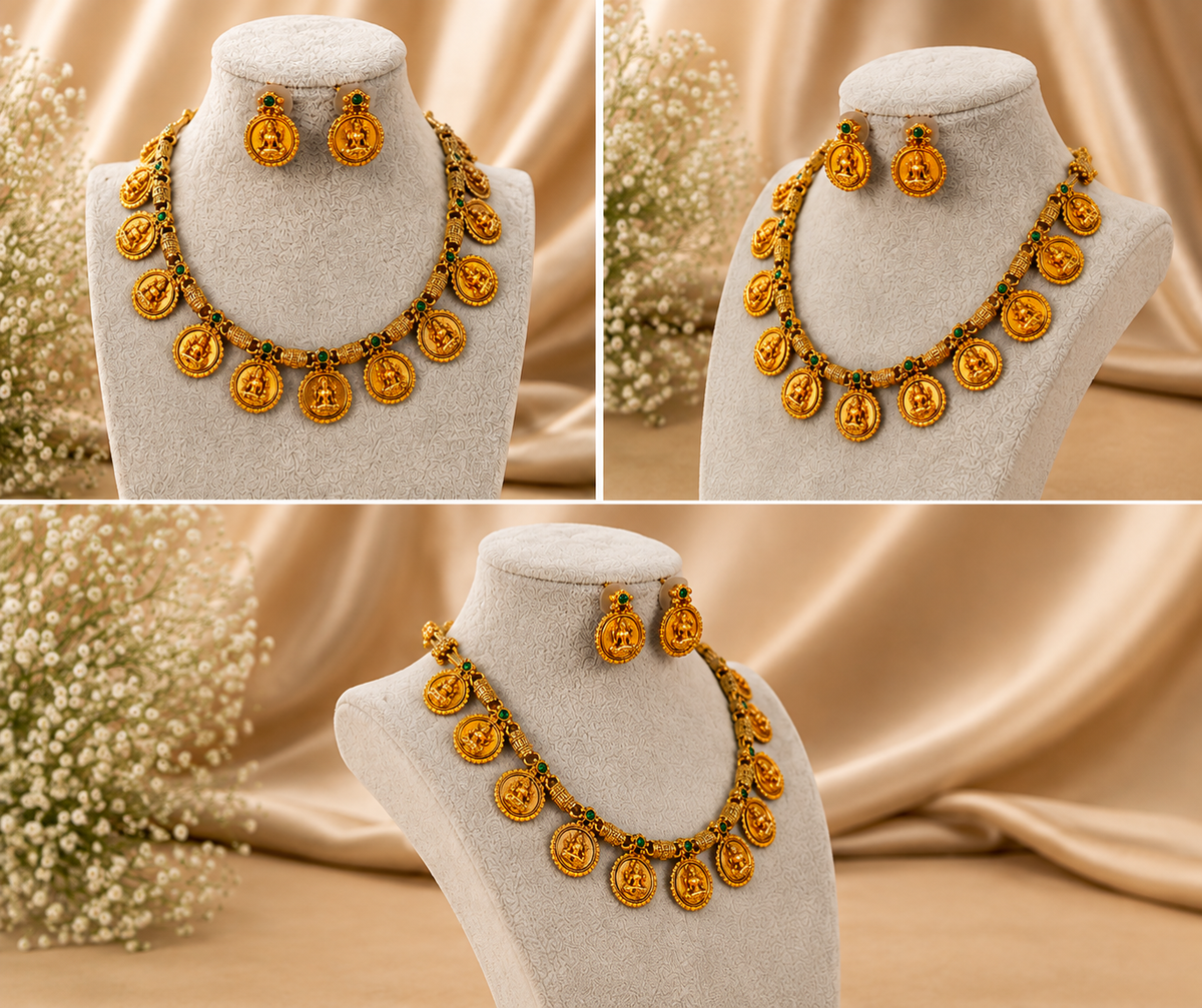 Traditional Lakshmi Coin Temple Necklace Set by Belumiee with intricate gold-tone designs and temple pendant, perfect for festive occasions.