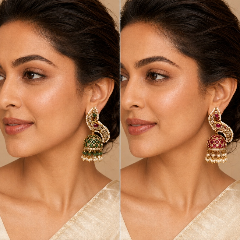Model wearing emerald green and ruby paisley pearl jhumka earrings