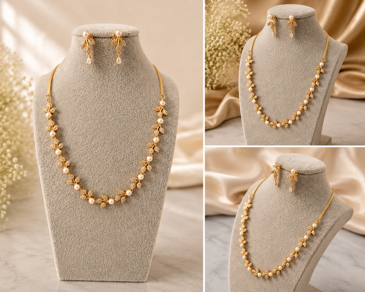 Pearl Vine AD necklace and earring set by Belumiee, featuring elegant pearl and vine design with matching earrings.