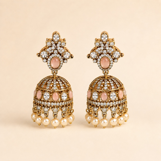 Gold-tone royal crystal dome jhumka earrings in Blush Pink with pearl-style drops