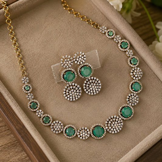 Emerald Eclipse AD Necklace Set | American Diamond Jewellery