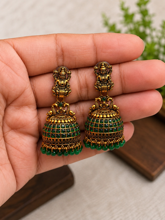 Lakshmi Emerald Temple Jhumka Earrings