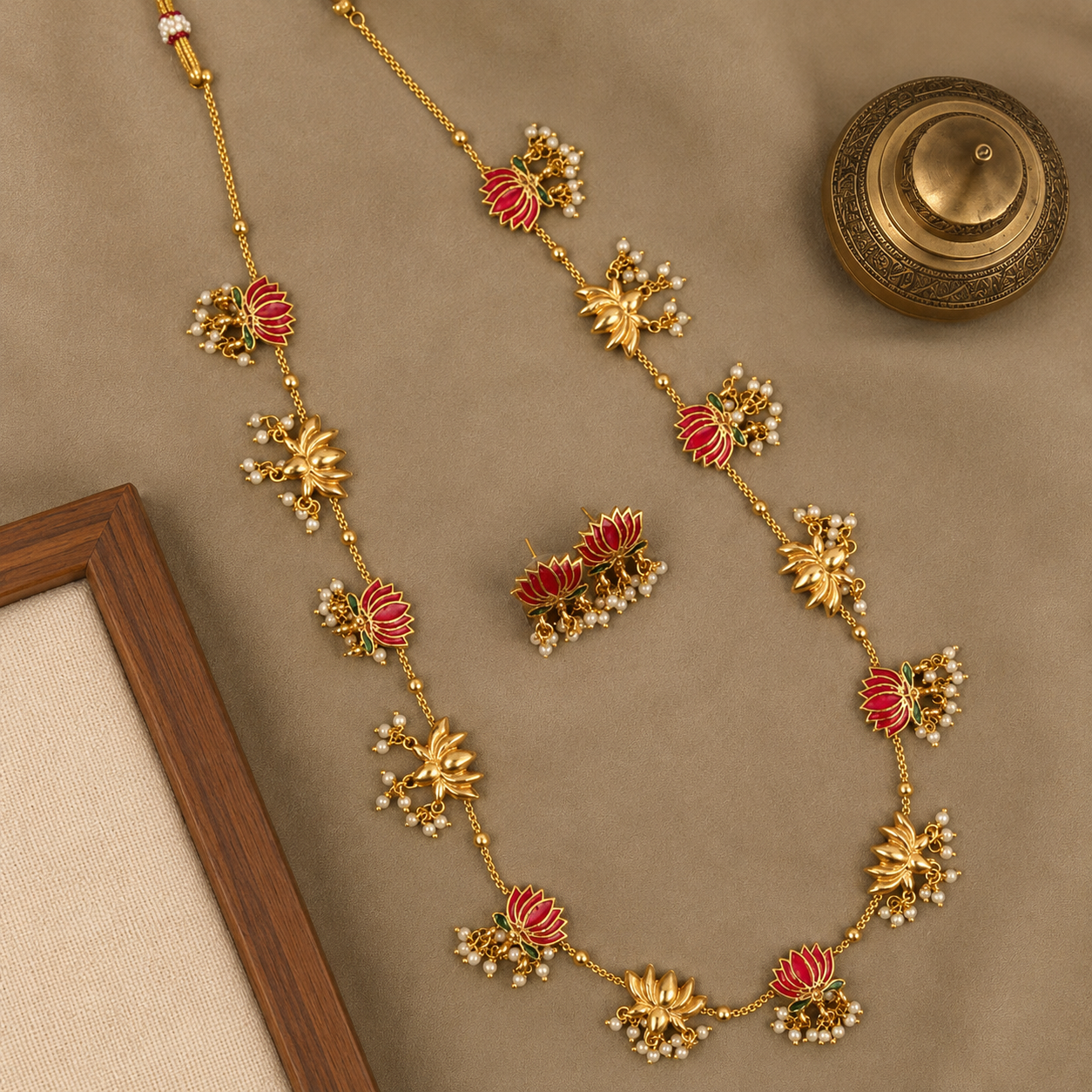 Lotus Bloom Long Necklace Set | Traditional Indian Imitation Jewellery
