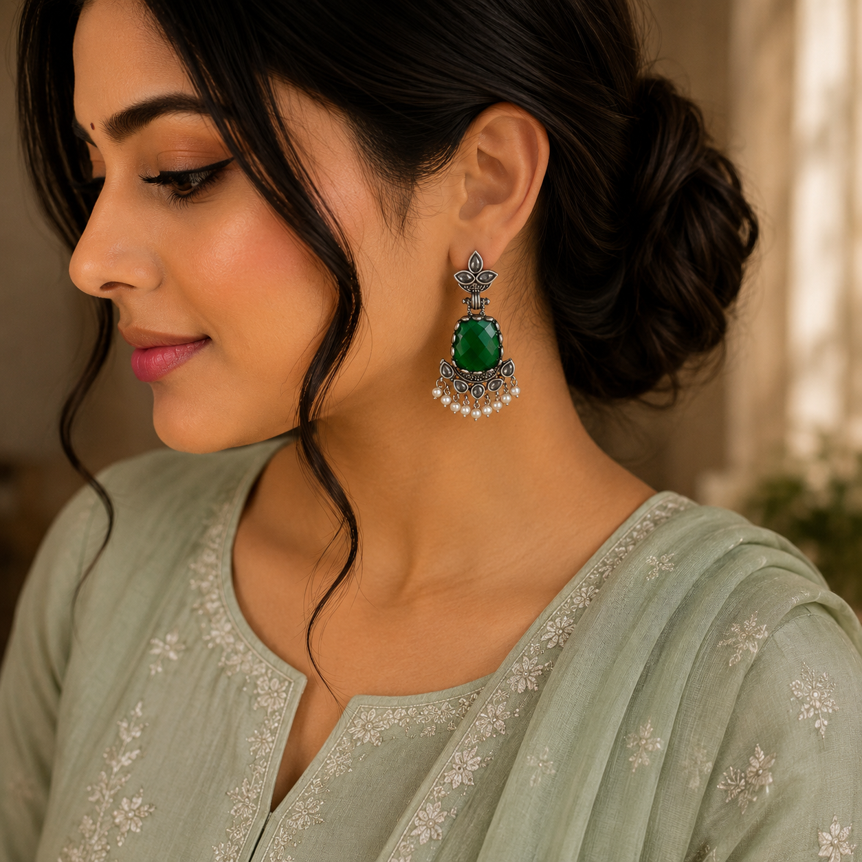 A woman in profile wearing a light sage green embroidered kurta and a matching green beaded pendant earring with silver-toned metal detailing.