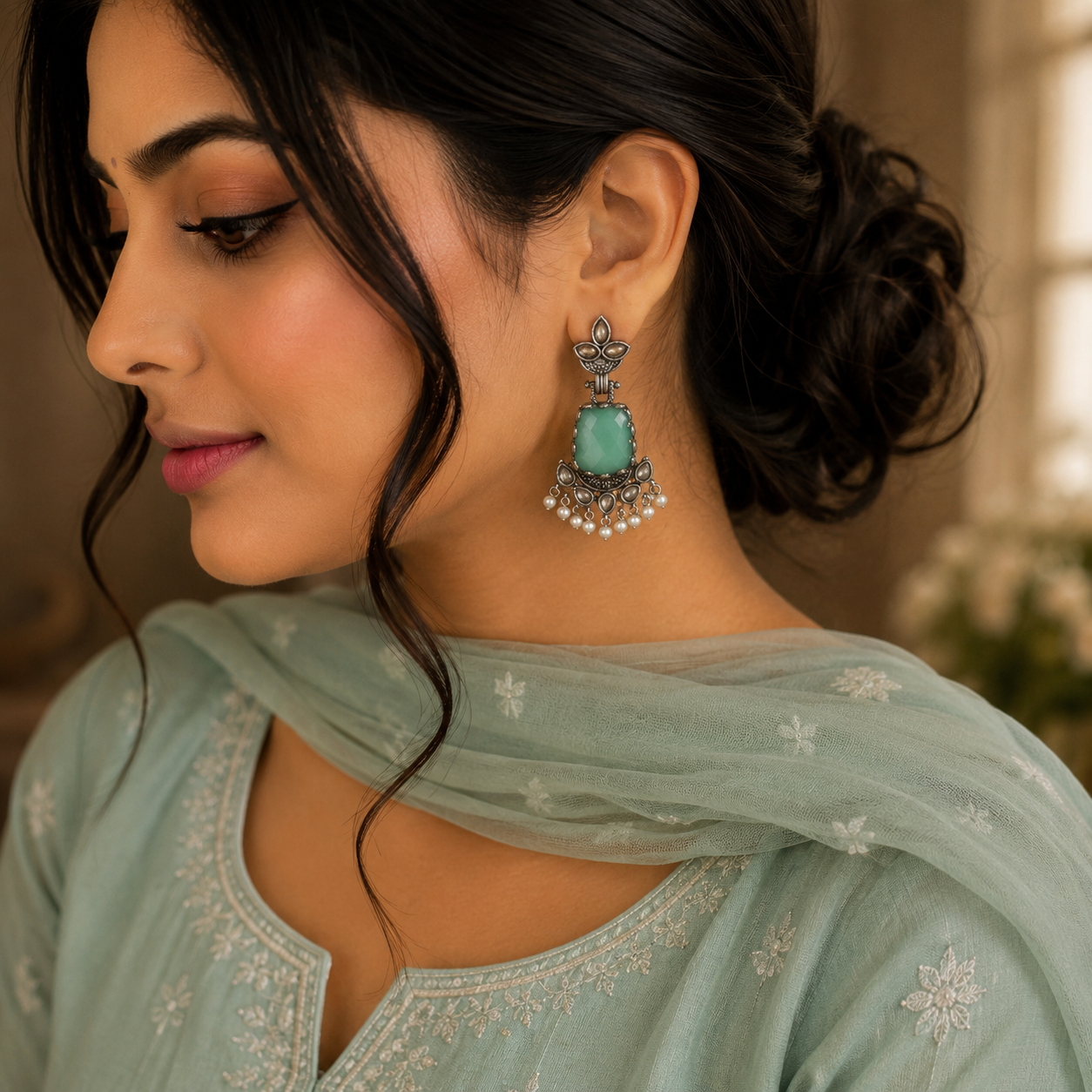 A woman in profile wearing a mint green embroidered traditional outfit and a matching dupatta, with a silver-toned dangle earring featuring a turquoise stone and white pearl accents.