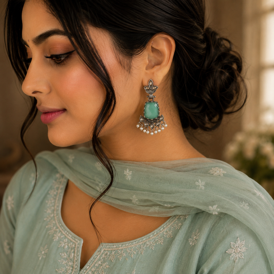 Pearl Bloom oxidised statement earrings by Belumiee featuring intricate floral design and elegant pearl accents.