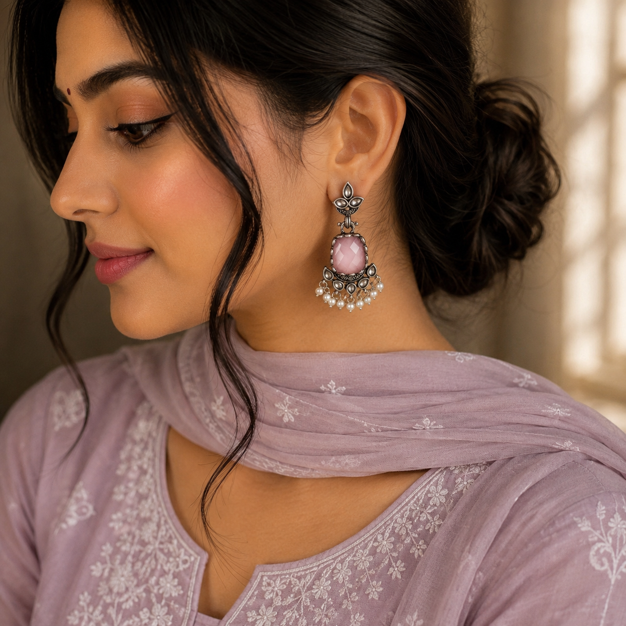 A woman in profile wearing a lavender embroidered kurta and matching dupatta, featuring a prominent silver-toned dangle earring with a pink stone and white pearl accents.