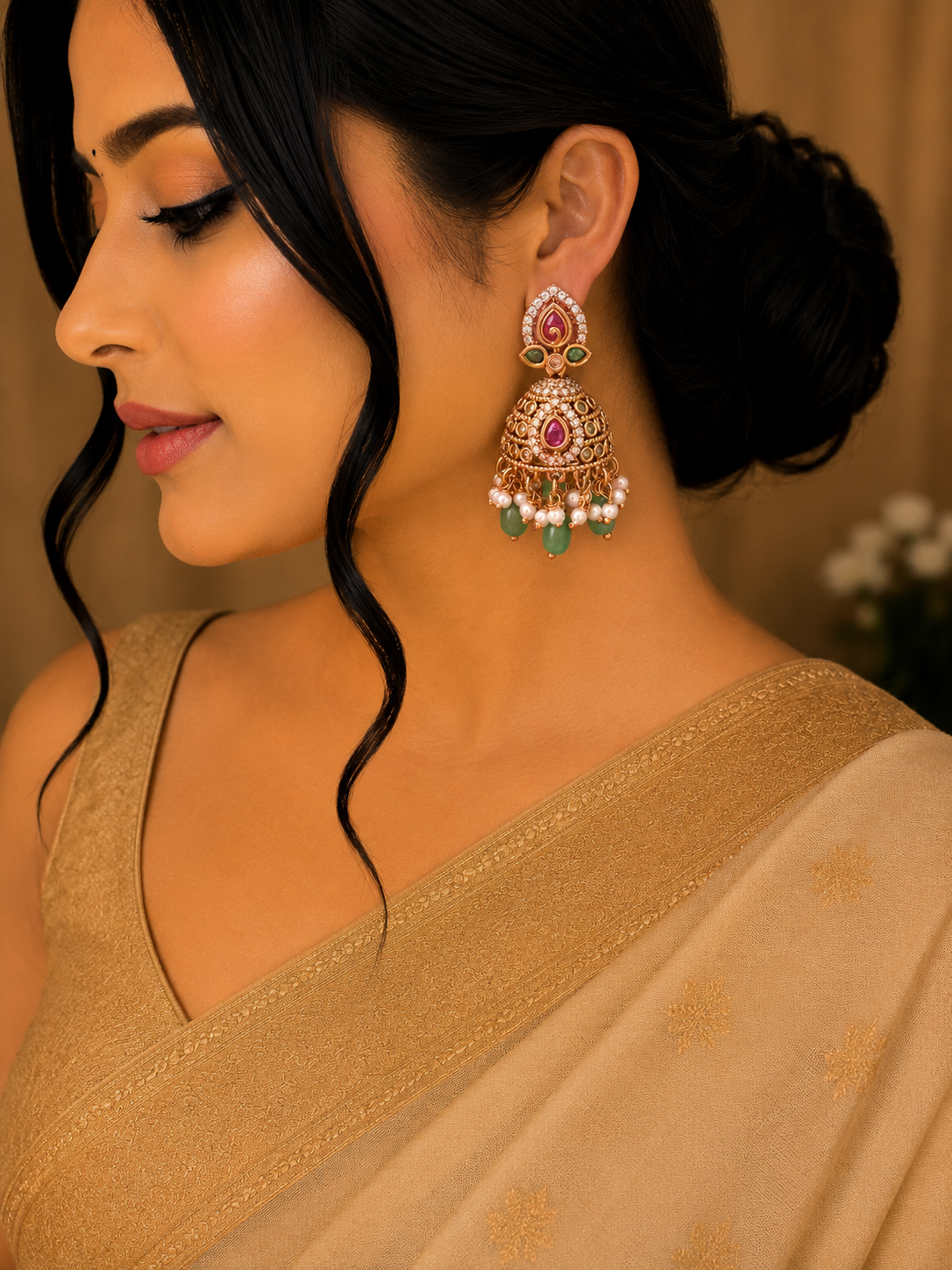 Emerald Kundan Pearl Jhumka Earrings
