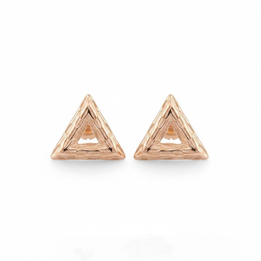 Sterling silver triangle stud earrings by Belumiee, featuring sleek geometric design and polished finish.