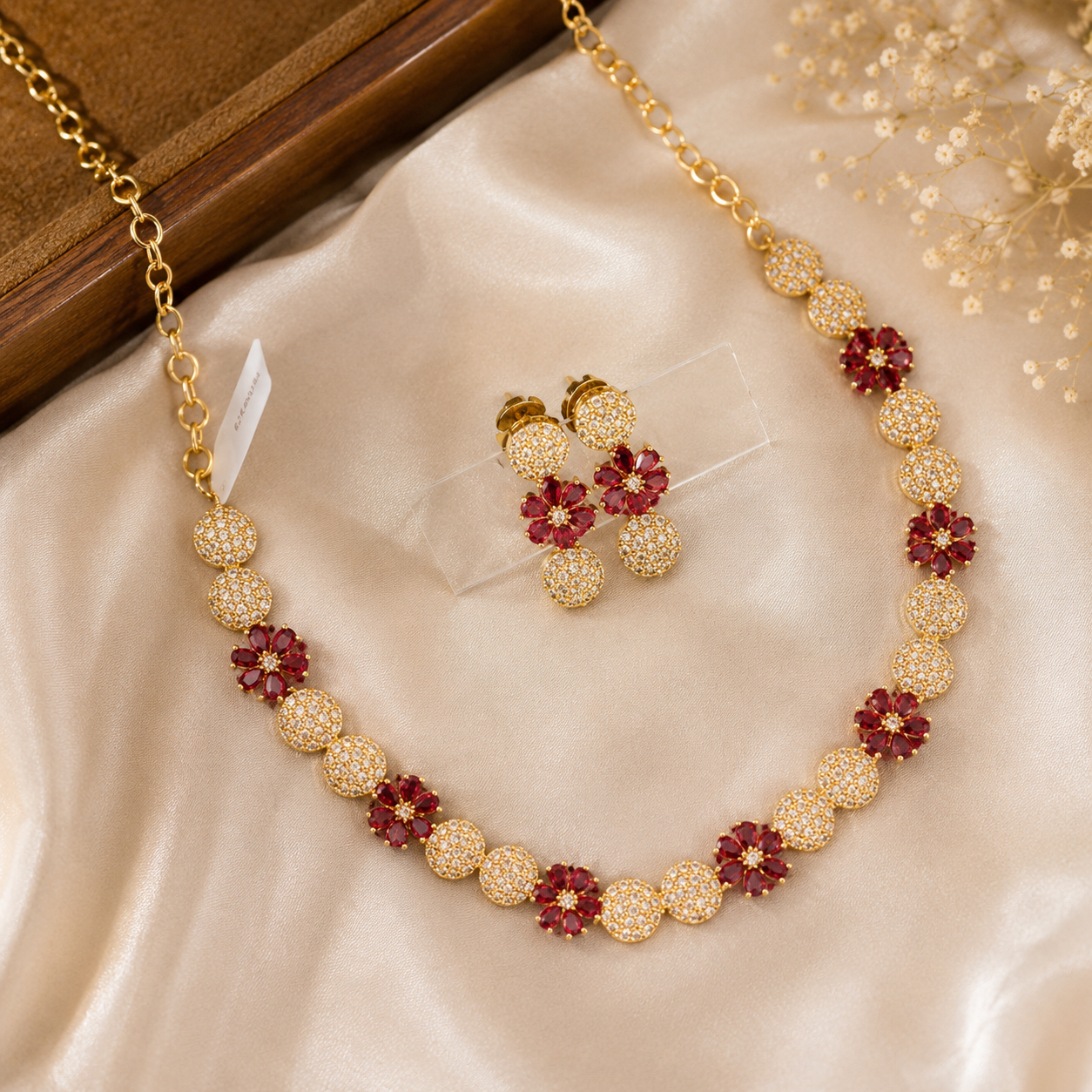 Ruby Blossom AD Necklace Set | American Diamond Jewellery