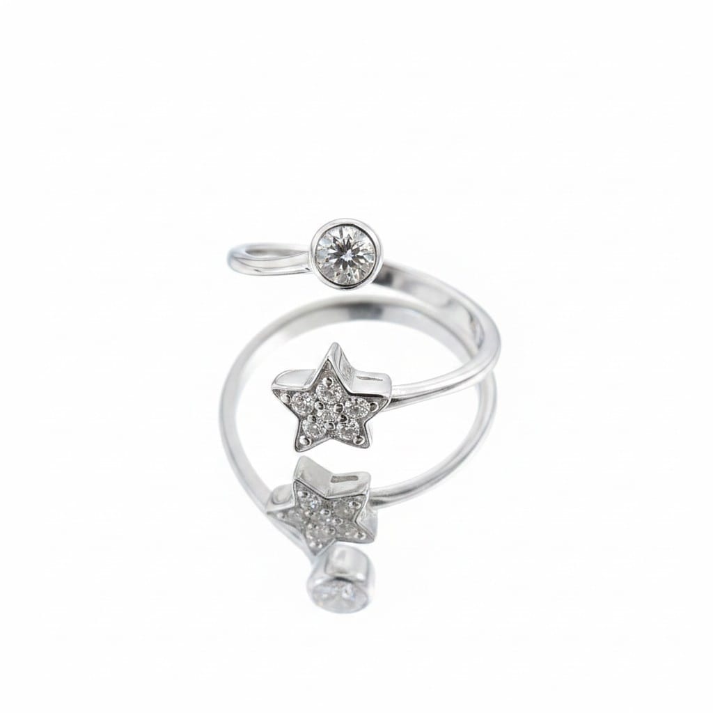 Sterling silver Starry Night ring by Belumiee featuring a detailed star pattern on a polished band.
