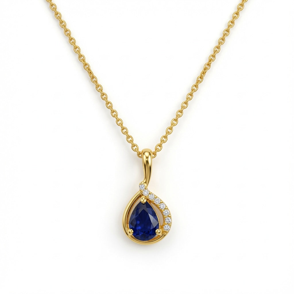 Blue drop pendant necklace made of 925 sterling silver with a polished blue gemstone, designed by Belumiee.