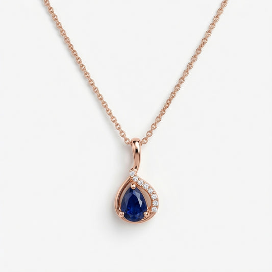 Rose-gold-finish Blue Drop Pendant Necklace in 925 sterling silver.
