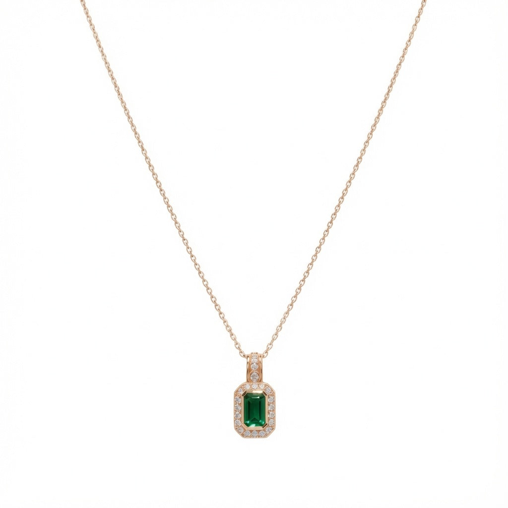 Emerald green CZ pendant necklace in 925 sterling silver, stylish jewelry by Belumiee featuring a sparkling gemstone pendant.