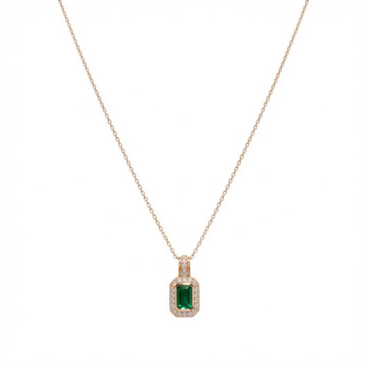 Rose-gold-finish Emerald Green CZ Pendant Necklace in 925 sterling silver.