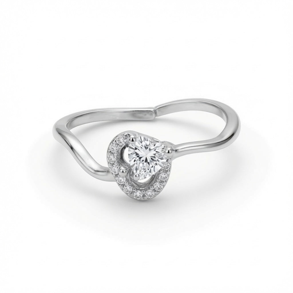 Pear-shaped halo chevron ring in 925 sterling silver by Belumiee, featuring a polished silver band with a central pear-shaped gemstone.