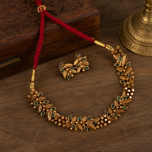 Emerald Leaf Antique Necklace Set | Indian Imitation Jewellery