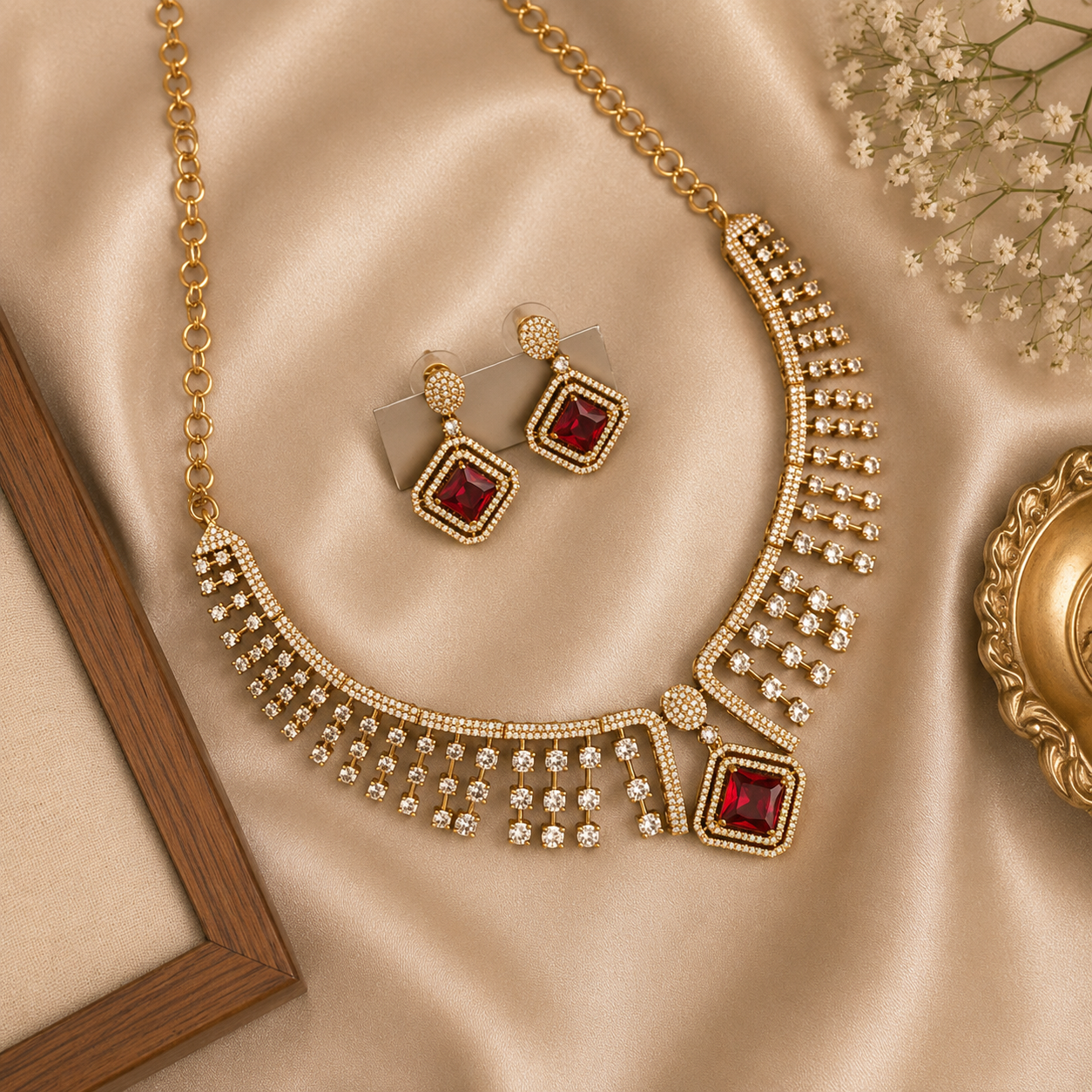 Crimson Cascade AD Necklace Set | American Diamond Jewellery