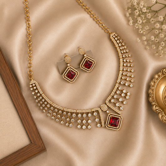 Crimson Cascade AD Necklace Set | American Diamond Jewellery