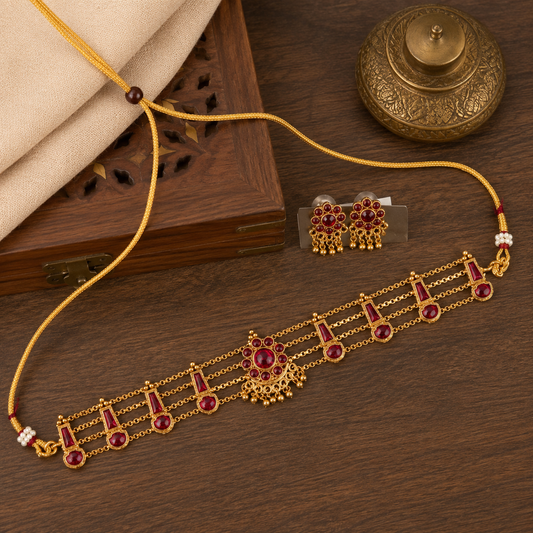 Belumiee Regal Trinity Antique Choker Set with intricate Indian imitation jewelry design and decorative elements.