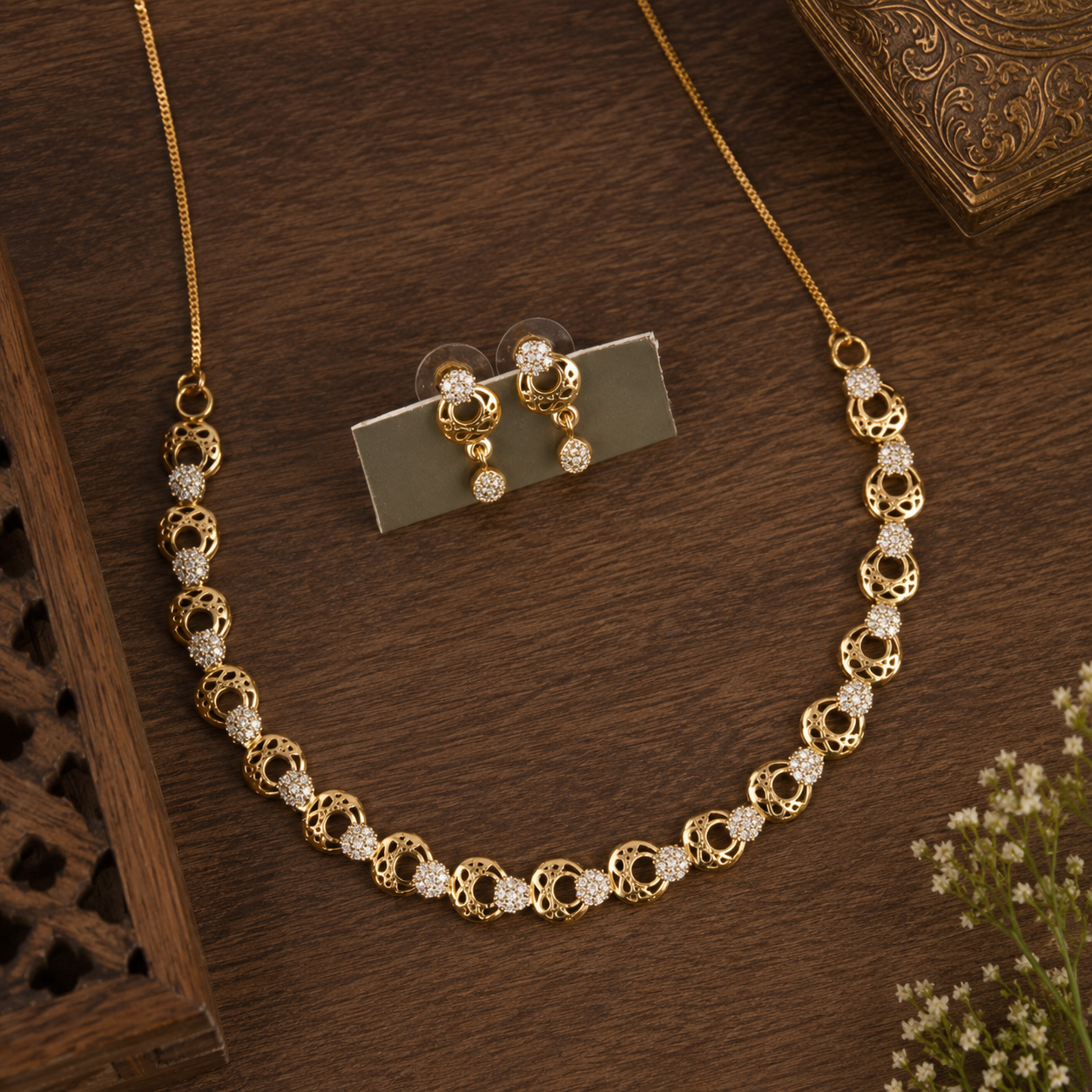 Golden Elegance AD Necklace Set | Designer Indian Imitation Jewellery